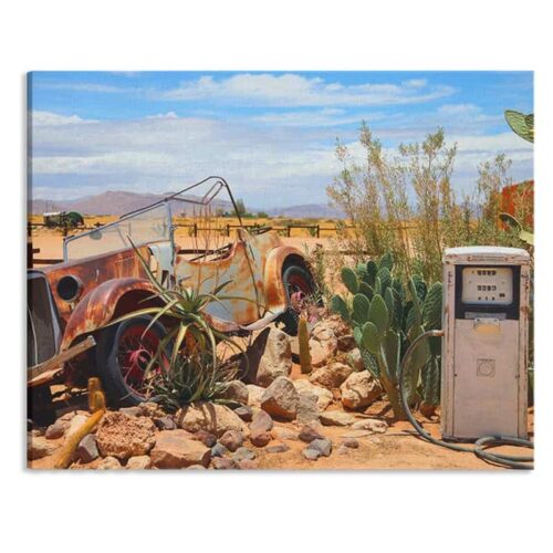 Canvas Vintage auto bij benzinepomp