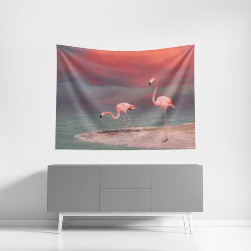 Wanddoek Flamingo's aan de oever